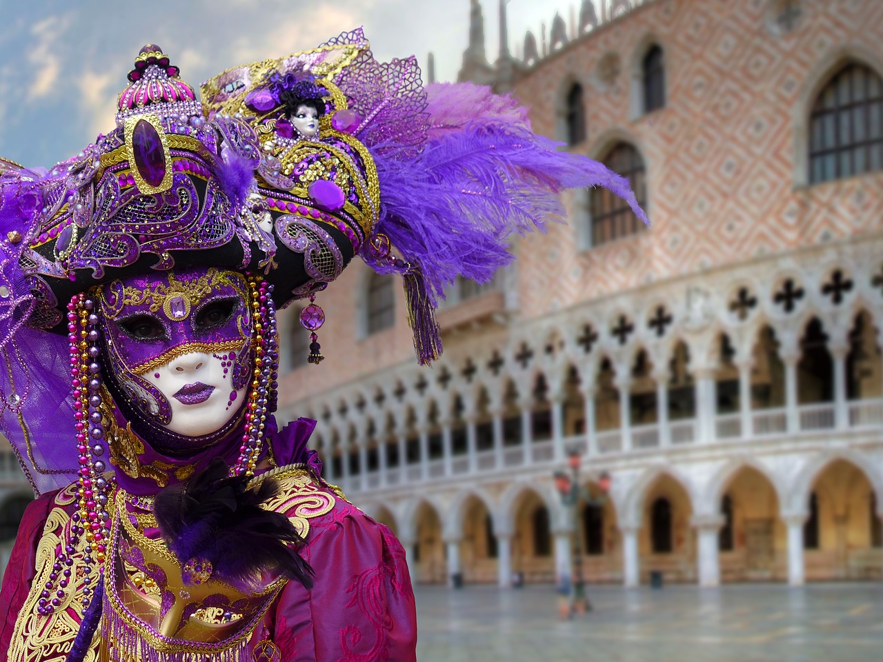 Luxurious Venetian Carnival Mask Rich in Floral Decorations and